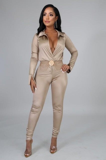 Charming Women Satin Outfits 2021 Spring Sexy Deep V Neck Bodysuit Shirt + High Waist Pants Two Pieces Party Clubwear Sets