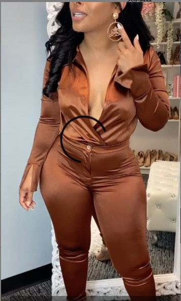 Charming Women Satin Outfits 2021 Spring Sexy Deep V Neck Bodysuit Shirt + High Waist Pants Two Pieces Party Clubwear Sets