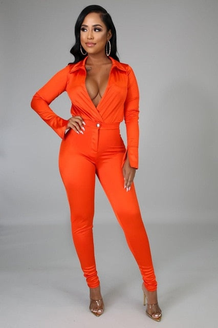 Charming Women Satin Outfits 2021 Spring Sexy Deep V Neck Bodysuit Shirt + High Waist Pants Two Pieces Party Clubwear Sets