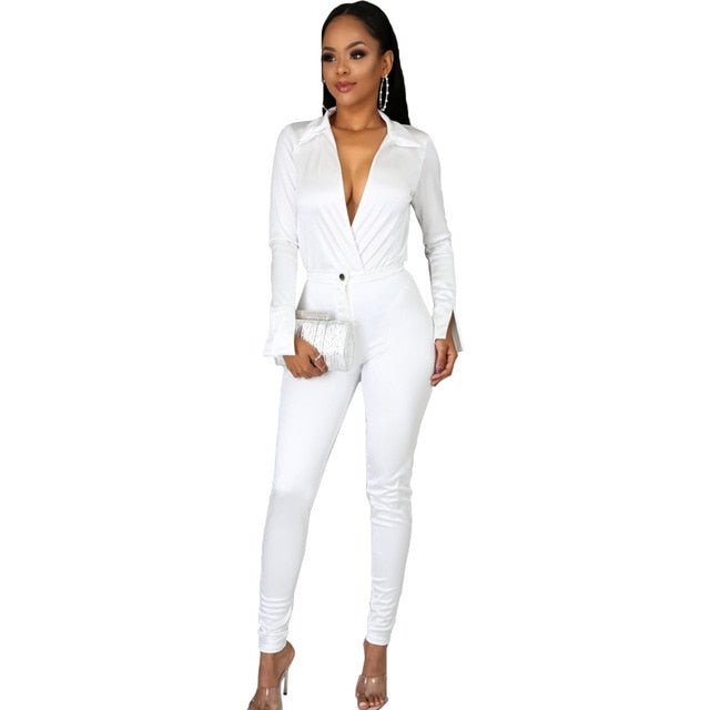 Charming Women Satin Outfits 2021 Spring Sexy Deep V Neck Bodysuit Shirt + High Waist Pants Two Pieces Party Clubwear Sets