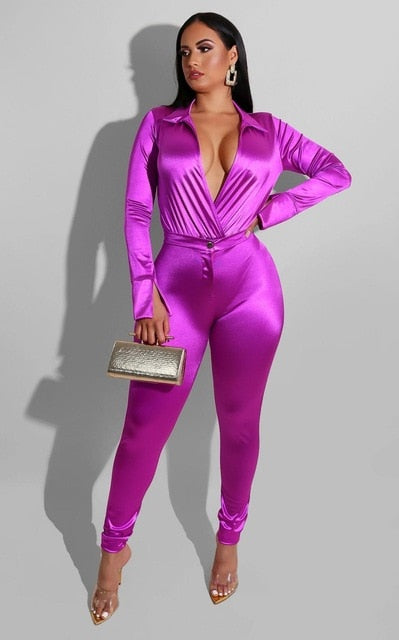 Charming Women Satin Outfits 2021 Spring Sexy Deep V Neck Bodysuit Shirt + High Waist Pants Two Pieces Party Clubwear Sets