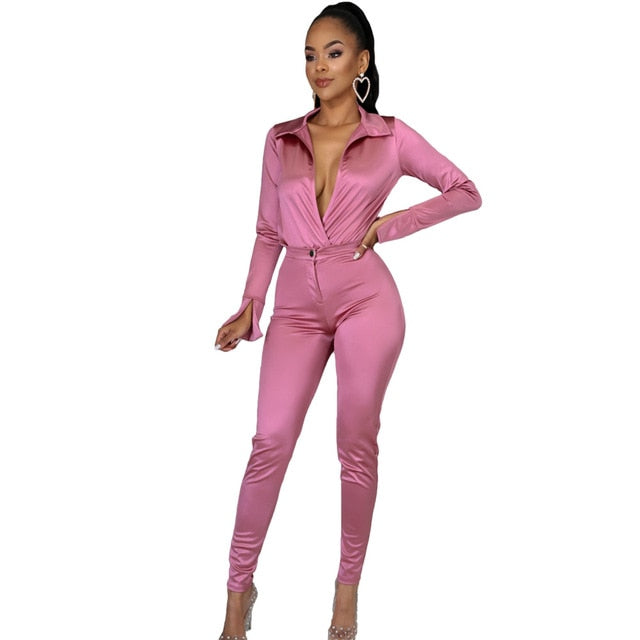 Charming Women Satin Outfits 2021 Spring Sexy Deep V Neck Bodysuit Shirt + High Waist Pants Two Pieces Party Clubwear Sets