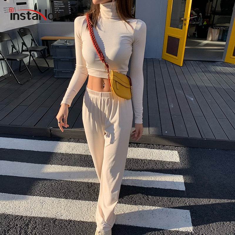 InstaHot wide leg pant and crop top two piece set long sleeve autumn solid casial elegant turtleneck minimalist classic outfit