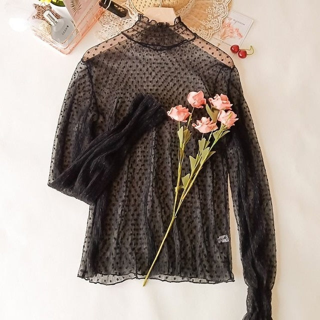2020 New Transparent Korean Loose Women Lace Blouse 3 Colors Female Bottoming Blouses Plus Size Cheaper Tops