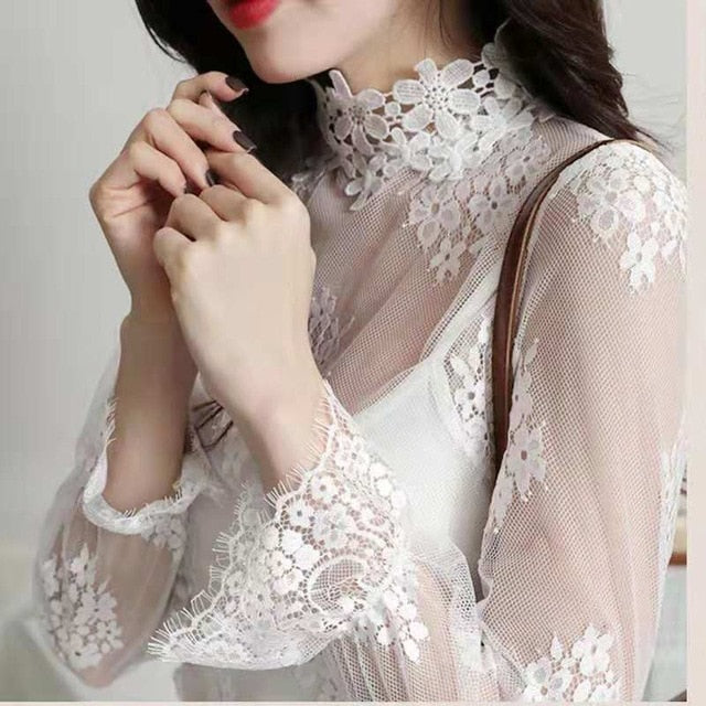 2020 New Transparent Korean Loose Women Lace Blouse 3 Colors Female Bottoming Blouses Plus Size Cheaper Tops