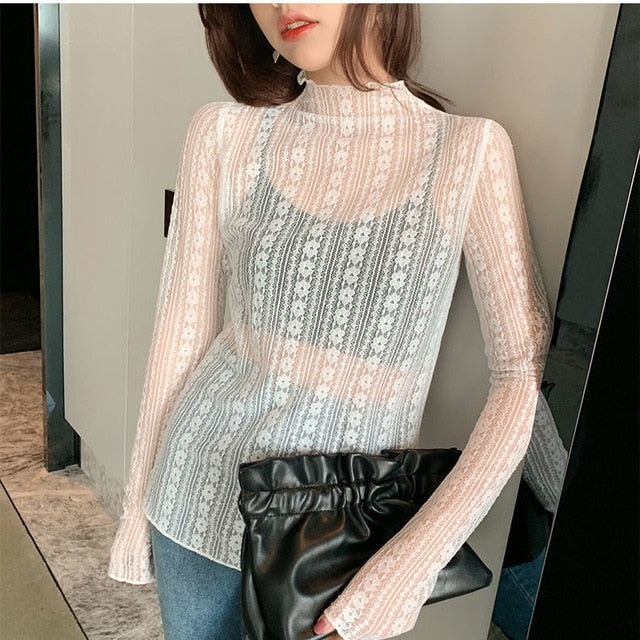 2020 New Transparent Korean Loose Women Lace Blouse 3 Colors Female Bottoming Blouses Plus Size Cheaper Tops