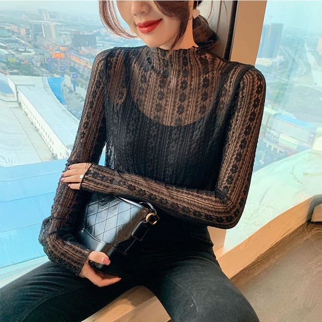 2020 New Transparent Korean Loose Women Lace Blouse 3 Colors Female Bottoming Blouses Plus Size Cheaper Tops