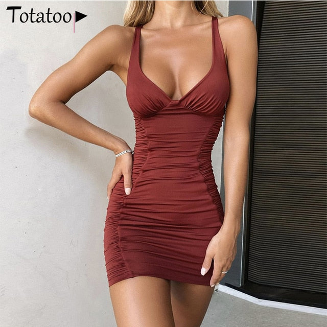 Totatoop Lace Up V Neck Ruched Bodycon Mini Dress Women 2020 Summer Hollow Out Ruffles Sundress Beachwear Vestidos