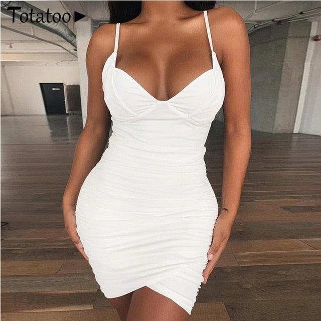 Totatoop Lace Up V Neck Ruched Bodycon Mini Dress Women 2020 Summer Hollow Out Ruffles Sundress Beachwear Vestidos