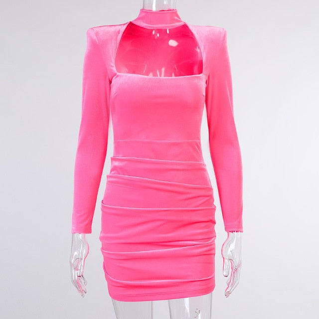 Dulzura Velvet Women High Neck Long Sleeve Mini Dress Ruched Hollow Out Shoulder Pad Bodycon Sexy Club Party Elegant 2021 Spring