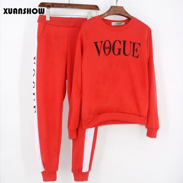 XUANSHOW Tracksuit 2021 Autumn Winter Women's Suit VOGUE Letter Printed 0-Neck Sweatshirt + Patchwork Long Pant 2 Piece Set