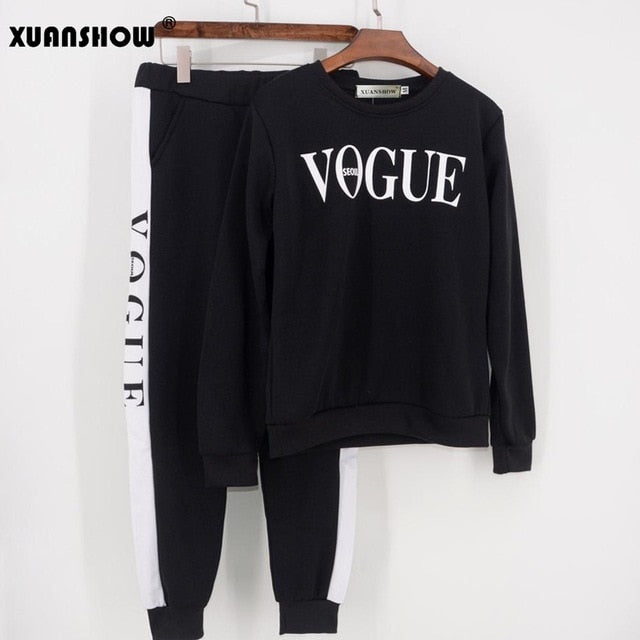 XUANSHOW Tracksuit 2021 Autumn Winter Women's Suit VOGUE Letter Printed 0-Neck Sweatshirt + Patchwork Long Pant 2 Piece Set