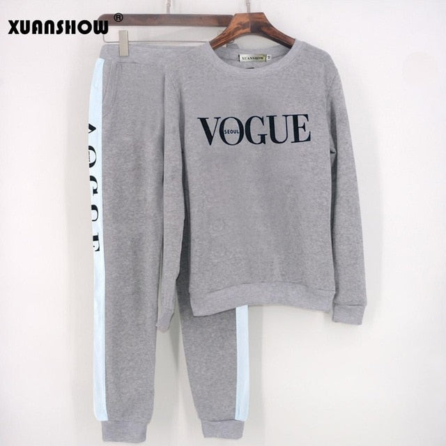 XUANSHOW Tracksuit 2021 Autumn Winter Women's Suit VOGUE Letter Printed 0-Neck Sweatshirt + Patchwork Long Pant 2 Piece Set