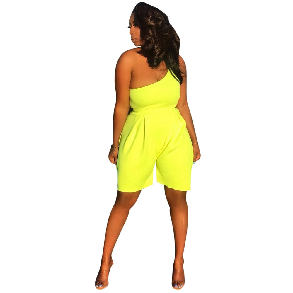 One Shoulder Neon Yellow Sexy Playsuit Women Backless Solid Bodycon Causal Playsuit Summer High Waist Plus Size Party Jumpsuit