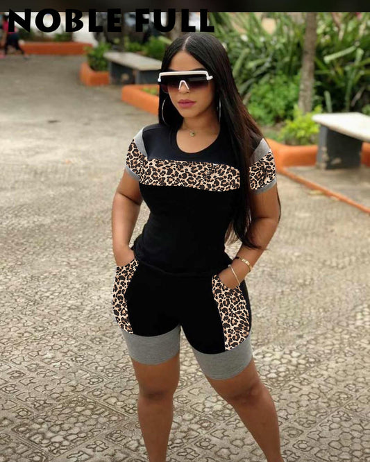2020 New Style Suit Casual Leopard Splicing Two-Piece Suit European and American Fashion Women's Clothing