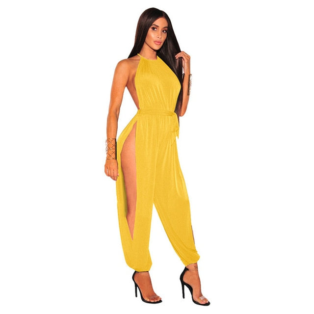 Women Hollow Out Jumpsuit Casual Solid Sleeveless O-Neck Belt Jumpsuit Sexy Lace Up Slim Rompers Jumpsuit