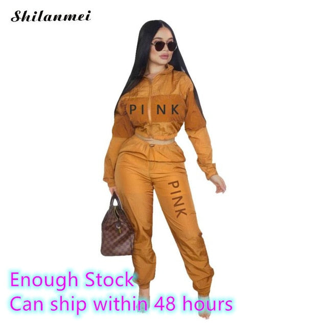 Fashion 2 Piece Set Pink Letter Print Tracksuits Women Zipper Coat And Pants Suit Sporty 2pcs Outfits Streetwear Matching Set