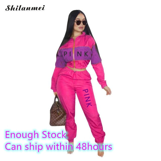 Fashion 2 Piece Set Pink Letter Print Tracksuits Women Zipper Coat And Pants Suit Sporty 2pcs Outfits Streetwear Matching Set
