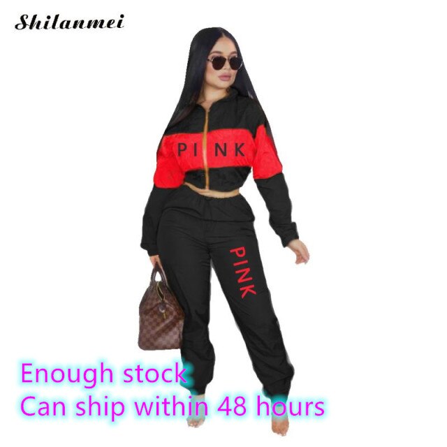 Fashion 2 Piece Set Pink Letter Print Tracksuits Women Zipper Coat And Pants Suit Sporty 2pcs Outfits Streetwear Matching Set