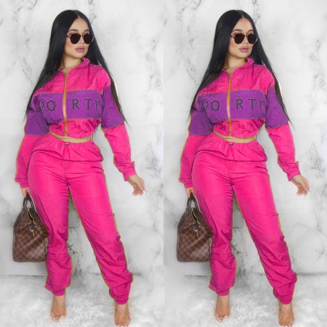 Fashion 2 Piece Set Pink Letter Print Tracksuits Women Zipper Coat And Pants Suit Sporty 2pcs Outfits Streetwear Matching Set
