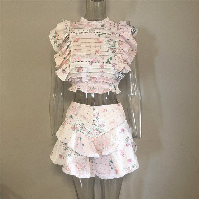 High Quality 2021 Sunday Set elastic waistband Cropped top with ruffle detail and cute ruffle mini shorts skirts