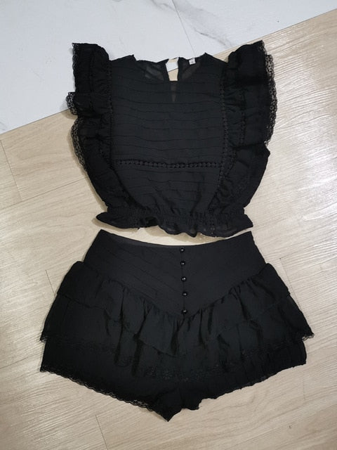 High Quality 2021 Sunday Set elastic waistband Cropped top with ruffle detail and cute ruffle mini shorts skirts