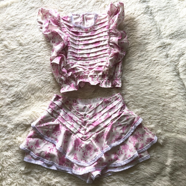 High Quality 2021 Sunday Set elastic waistband Cropped top with ruffle detail and cute ruffle mini shorts skirts