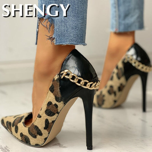 Fashion Leopard Pointed Toe Metal Chain Thin Heels Snakeskin Sexy Party Women Shoes Rome Design Women Pumps Female Dress Shoes