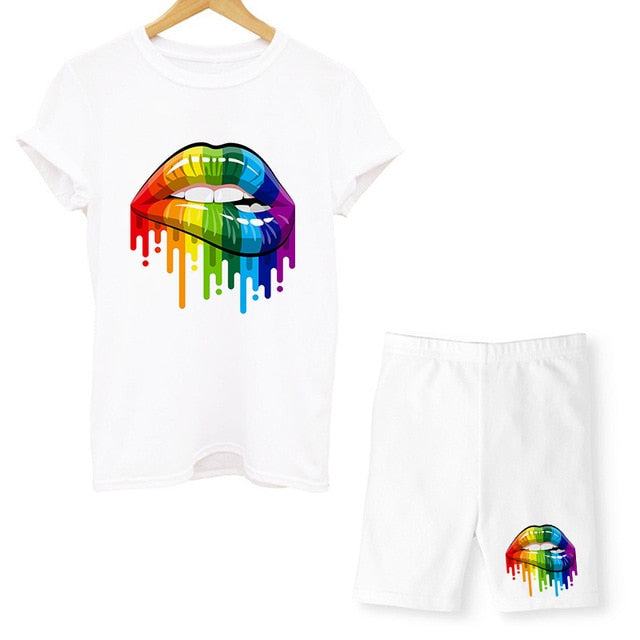 Women Two Piece Set Lips T Shirts And Shorts Pyama Sets Summer Casual Joggers Tracksuit Shorts Sexy Outfit For Woman Clothing