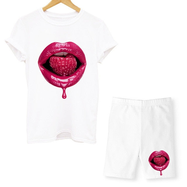 Women Two Piece Set Lips T Shirts And Shorts Pyama Sets Summer Casual Joggers Tracksuit Shorts Sexy Outfit For Woman Clothing