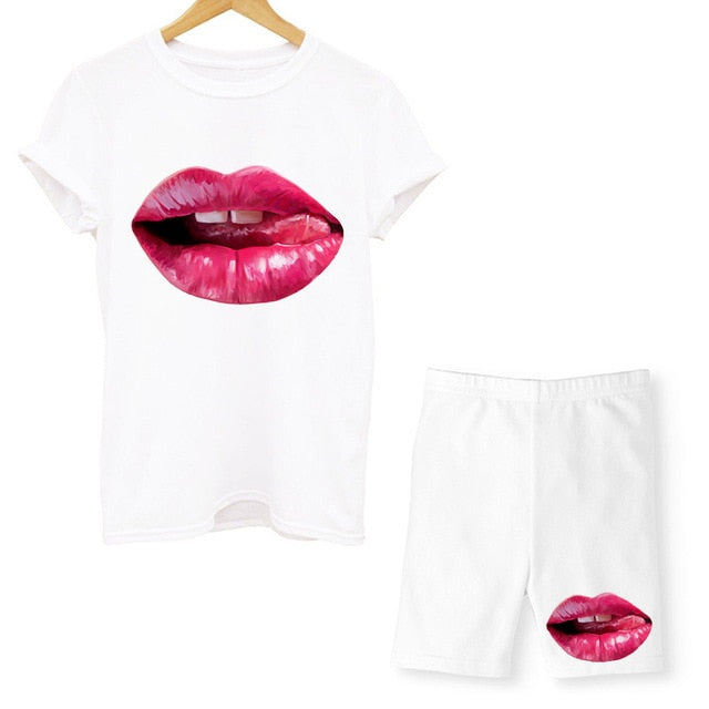 Women Two Piece Set Lips T Shirts And Shorts Pyama Sets Summer Casual Joggers Tracksuit Shorts Sexy Outfit For Woman Clothing