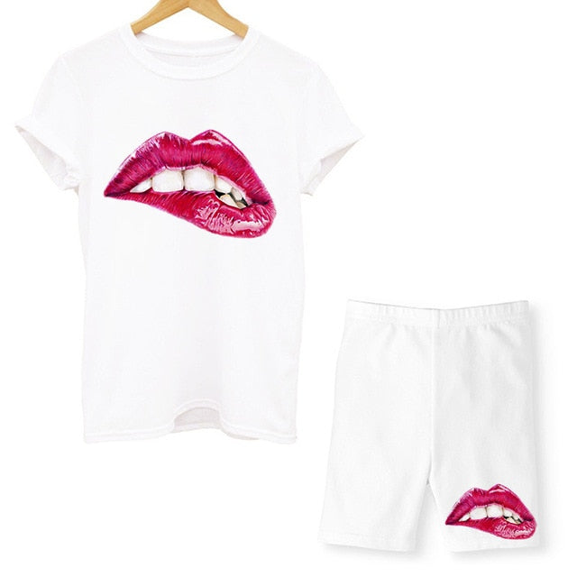 Women Two Piece Set Lips T Shirts And Shorts Pyama Sets Summer Casual Joggers Tracksuit Shorts Sexy Outfit For Woman Clothing