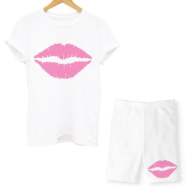 Women Two Piece Set Lips T Shirts And Shorts Pyama Sets Summer Casual Joggers Tracksuit Shorts Sexy Outfit For Woman Clothing