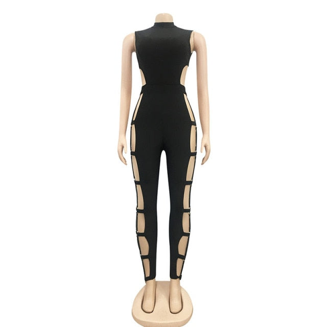 Kricesseen Sexy Solid Blue Hollow Out Long Pants Jumpsuit Women Sleeveless Back Zipper Skinny Romper Clubwear Jumpsuits 2021 New