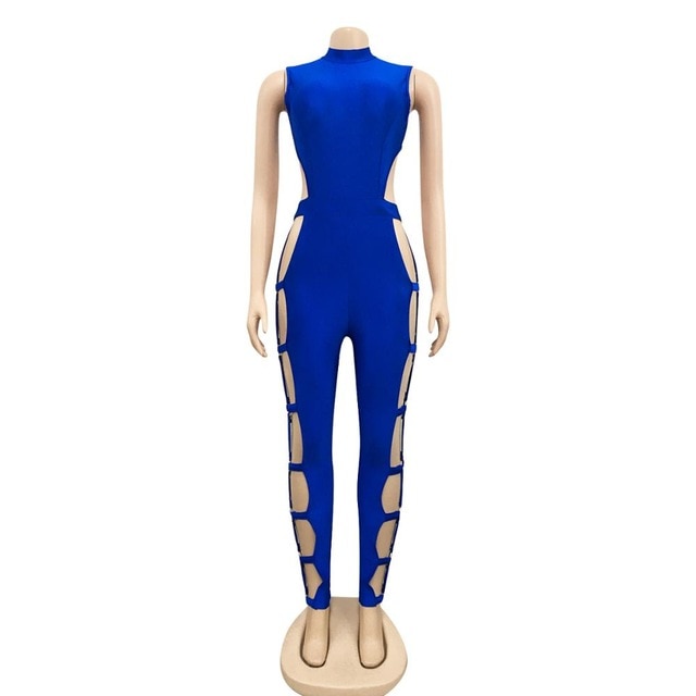 Kricesseen Sexy Solid Blue Hollow Out Long Pants Jumpsuit Women Sleeveless Back Zipper Skinny Romper Clubwear Jumpsuits 2021 New