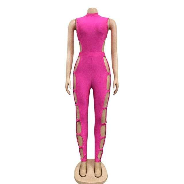 Kricesseen Sexy Solid Blue Hollow Out Long Pants Jumpsuit Women Sleeveless Back Zipper Skinny Romper Clubwear Jumpsuits 2021 New