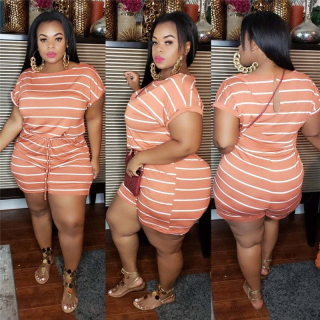 Women One Piece Jumpsuit Summer Clothes Mid Waist Elastic Shorts Jumpsuits Plus Size Striped Romper