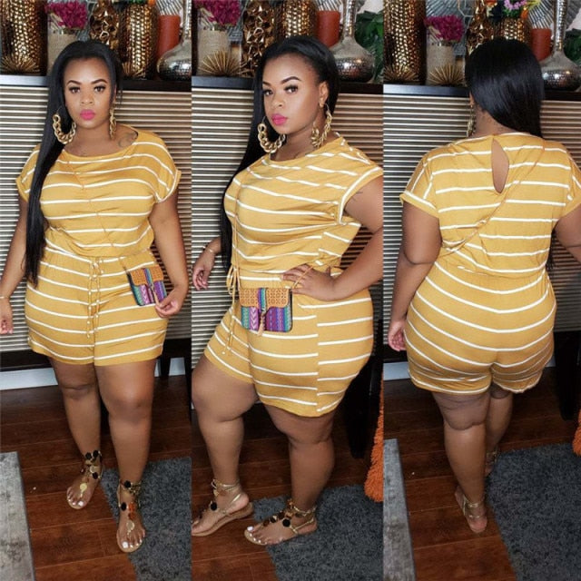 Women One Piece Jumpsuit Summer Clothes Mid Waist Elastic Shorts Jumpsuits Plus Size Striped Romper