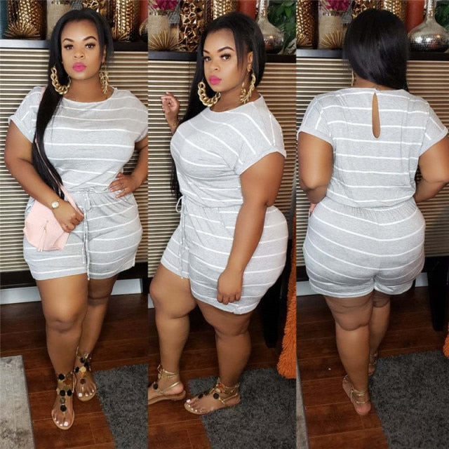 Women One Piece Jumpsuit Summer Clothes Mid Waist Elastic Shorts Jumpsuits Plus Size Striped Romper