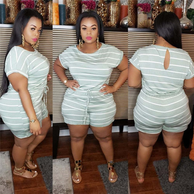 Women One Piece Jumpsuit Summer Clothes Mid Waist Elastic Shorts Jumpsuits Plus Size Striped Romper