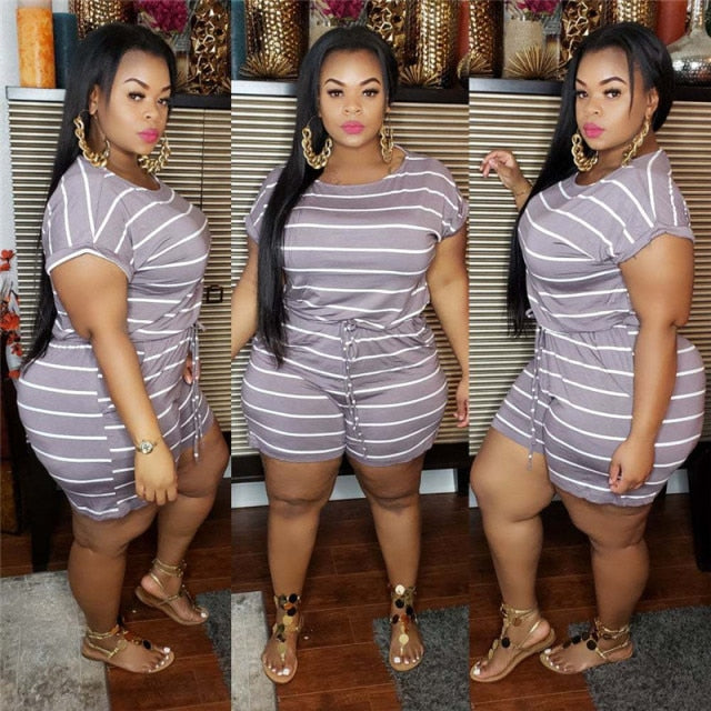 Women One Piece Jumpsuit Summer Clothes Mid Waist Elastic Shorts Jumpsuits Plus Size Striped Romper