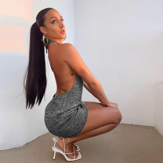 Cryptographic Halter Sexy Backless Mini Dresses Bodycon Skinny Club Party Sleeveless Knitted Dress Fall Streetwear Beach Holiday