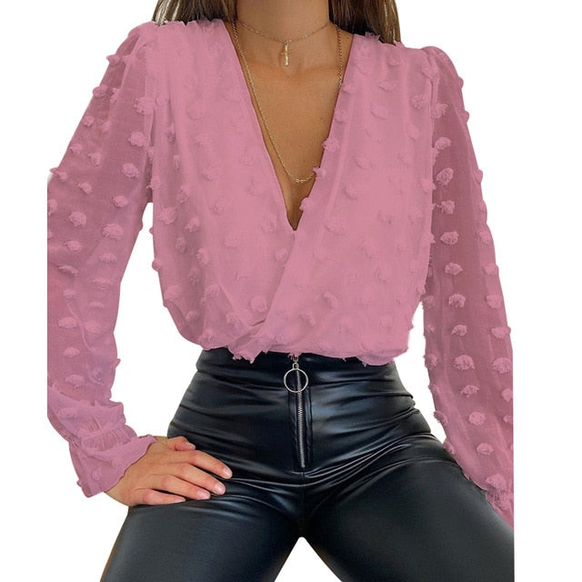 Women Deep V Neck Top White Jacquard Fashion Shirt Female Long Sleeve Chic Shirt Sexy Polka Dot Solid Color Mesh Blouses D30