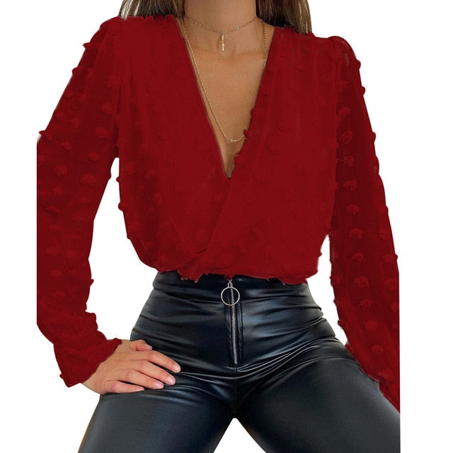 Women Deep V Neck Top White Jacquard Fashion Shirt Female Long Sleeve Chic Shirt Sexy Polka Dot Solid Color Mesh Blouses D30