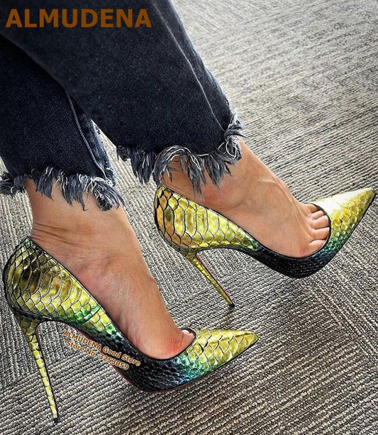 ALMUDENA Yellow Green Gradient Color Snakeskin High Heels Sexy 12cm Thin Heel Pointed Toe Dress Pumps Luxury Banquet Shoes