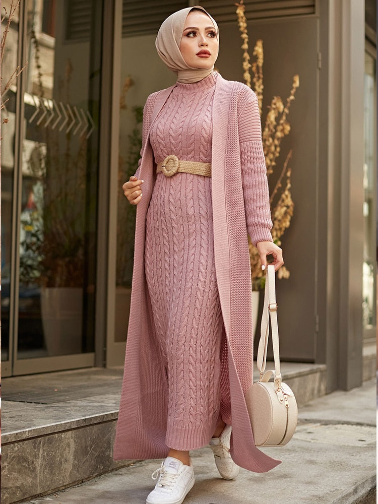 Women Dress New Season Autumn Winter 2 Piece Hijab Knitwear Suit Islamic Muslim Clothing Long Cardigan Model Made in Turkey