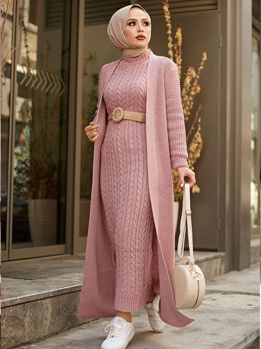 Women Dress New Season Autumn Winter 2 Piece Hijab Knitwear Suit Islamic Muslim Clothing Long Cardigan Model Made in Turkey