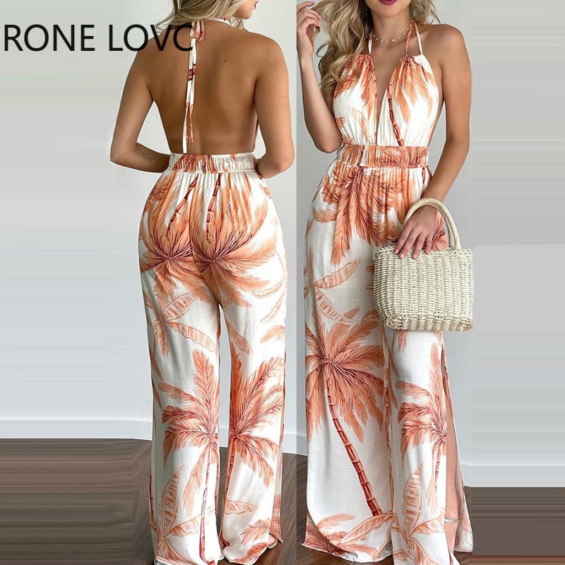 Women Jumpsuits Outfits Summer Jumpsuit Tropical Print Halter V Neck Jumpsuit