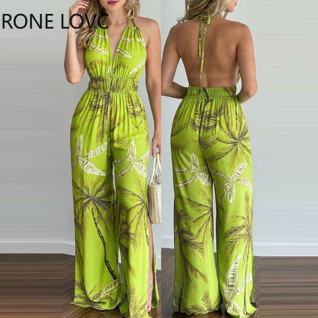 Women Jumpsuits Outfits Summer Jumpsuit Tropical Print Halter V Neck Jumpsuit