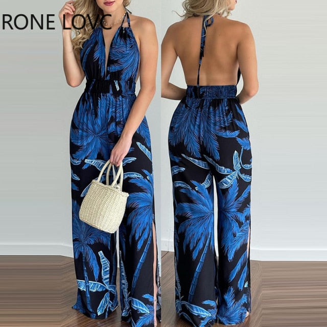 Women Jumpsuits Outfits Summer Jumpsuit Tropical Print Halter V Neck Jumpsuit